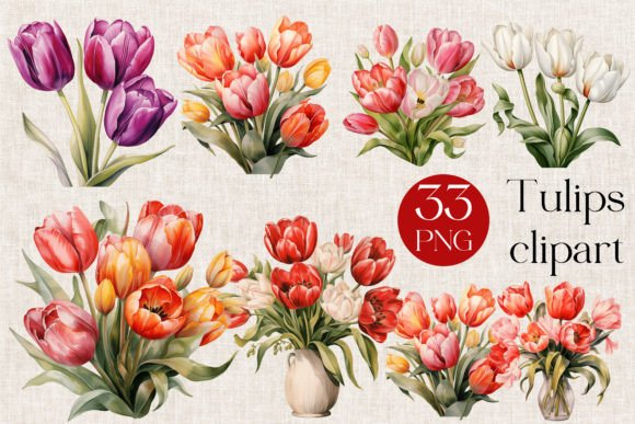 33 Pastel Tulip Watercolor Clipart: Editorial Illustrations
