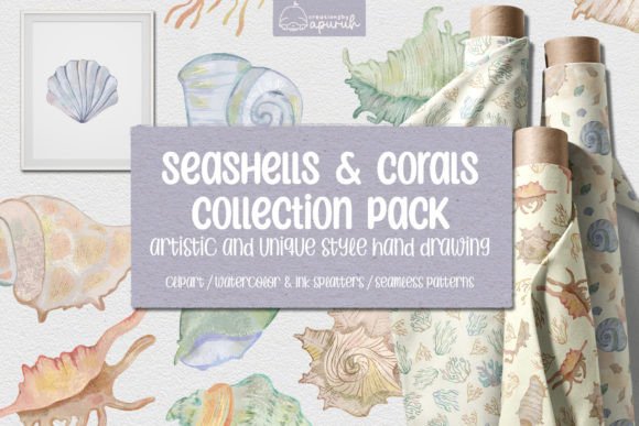 Seashells and Corals Watercolor Clipart Illustrations