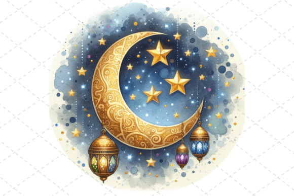 Starlit Eid Crescent Watercolor Clipart Illustrations
