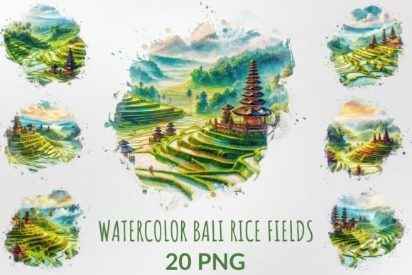 Watercolor Bali Rice Fields Sublimation Illustrations