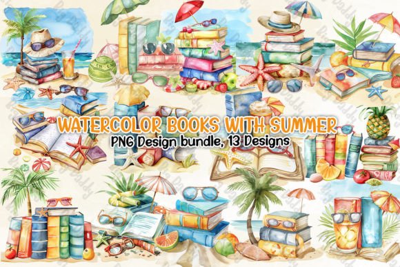Watercolor Books with Summer Clipart PNG Illustrations