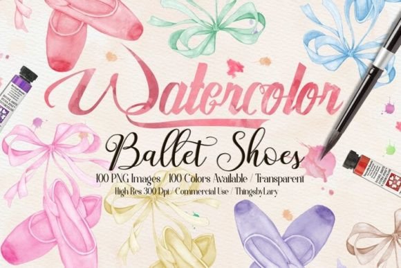 Watercolor Bow Ballet Shoes Illustrations for Crafters