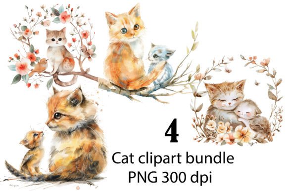 Watercolor Cats Clipart Illustrations for Commercial Products
