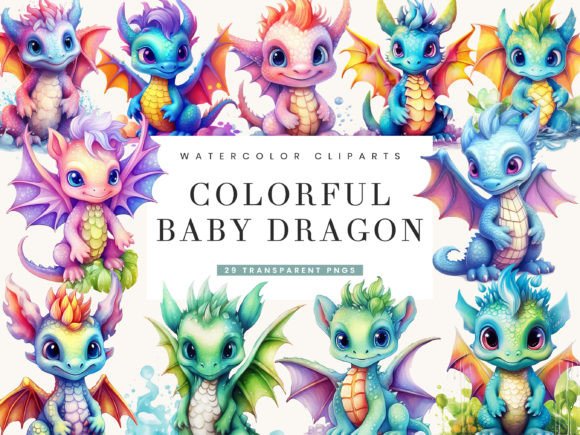 Watercolor Colorful Baby Dragon Clipart Illustrations