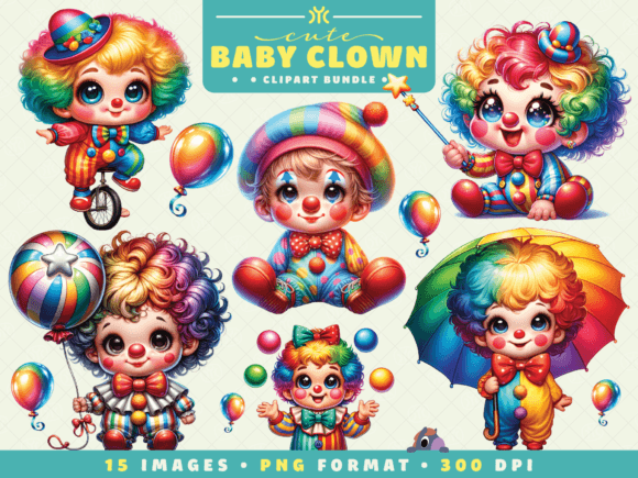 Watercolor Cute Baby Clown Clipart Illustrations