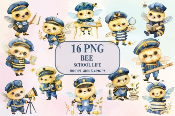 Watercolor Cute Bee School Life Cliparts for Illustrations