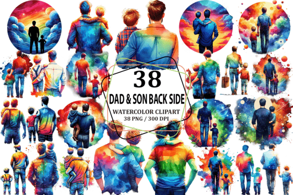 Watercolor Dad Son Back Side Clipart Illustrations