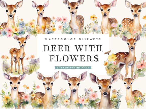 Watercolor Deers with Flowers Illustrations for Crafters