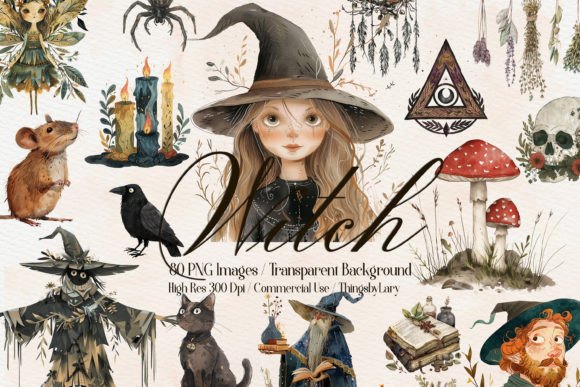 Watercolor Fantasy Witch PNG Clip Art Illustrations