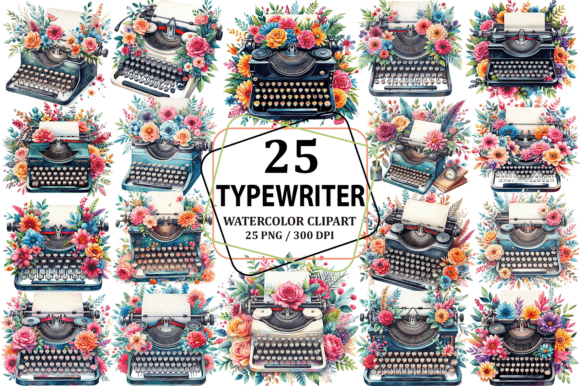 Watercolor Floral Typewriter Clipart PNG Review