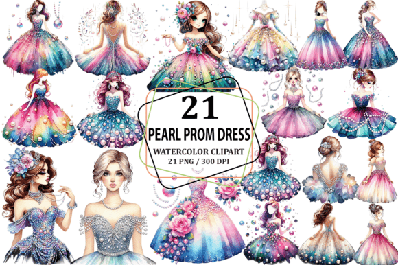 Watercolor Girl Pearl Prom Dress Illustrations