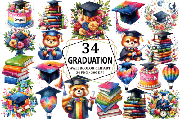 Watercolor Graduation Clipart Design PNG Illustrations