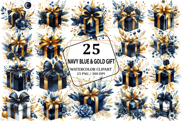 Watercolor Navy Blue Gold Gift Illustrations Review