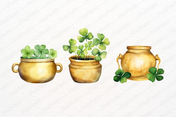 Watercolor Patrick Gold Pot of Clovers Illustrations
