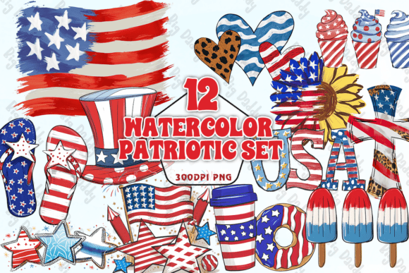 Watercolor Patriotic Set Clipart PNG Illustrations