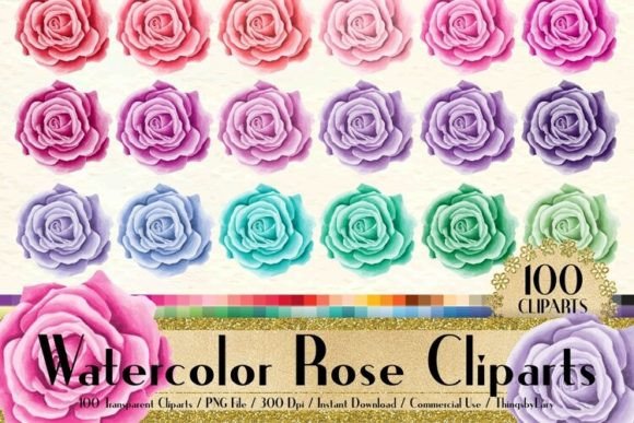 Watercolor Roses Clip Arts PNG: Illustrations for Crafters