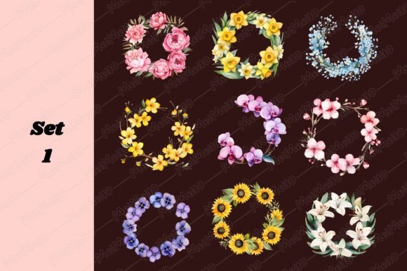 Watercolor Spring Flower Wreath Illustrations