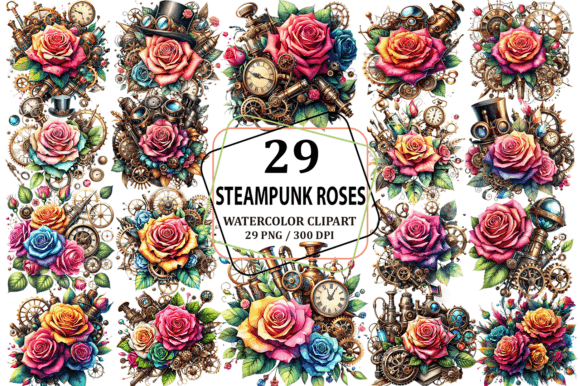 Watercolor Steampunk Roses for Handmade Illustrations