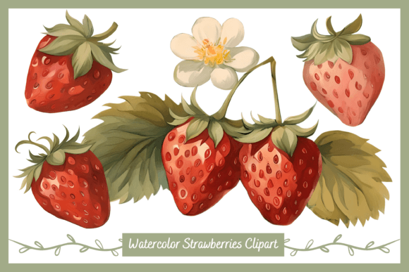 Watercolor Strawberry and Leaves Clipart Illustrations