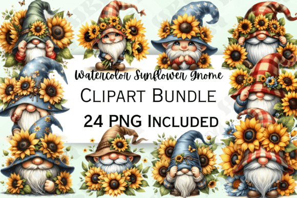 Watercolor Sunflower Gnomes Clipart Illustrations