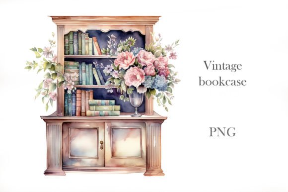 Watercolor Vintage Bookcase Illustrations Review