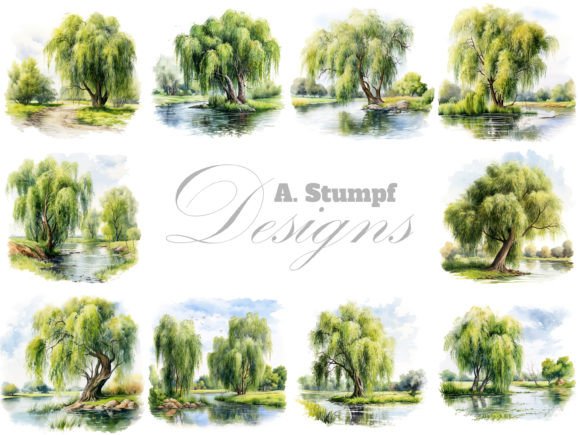 Willow Tree Watercolor Clipart Set: Illustrations for Branding